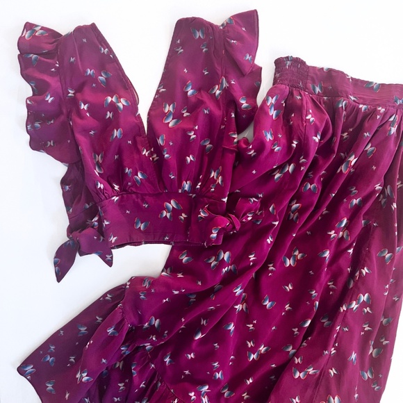 Free People Pretty Dayz 2-Piece Set Magenta Butterfly Print Size M EUC #bohochic - Picture 2 of 7